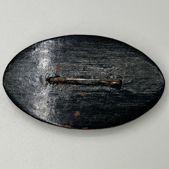 Vintage Hand-Painted Floral Black & Red Wooden Brooch Pin - Picture 5 of 11